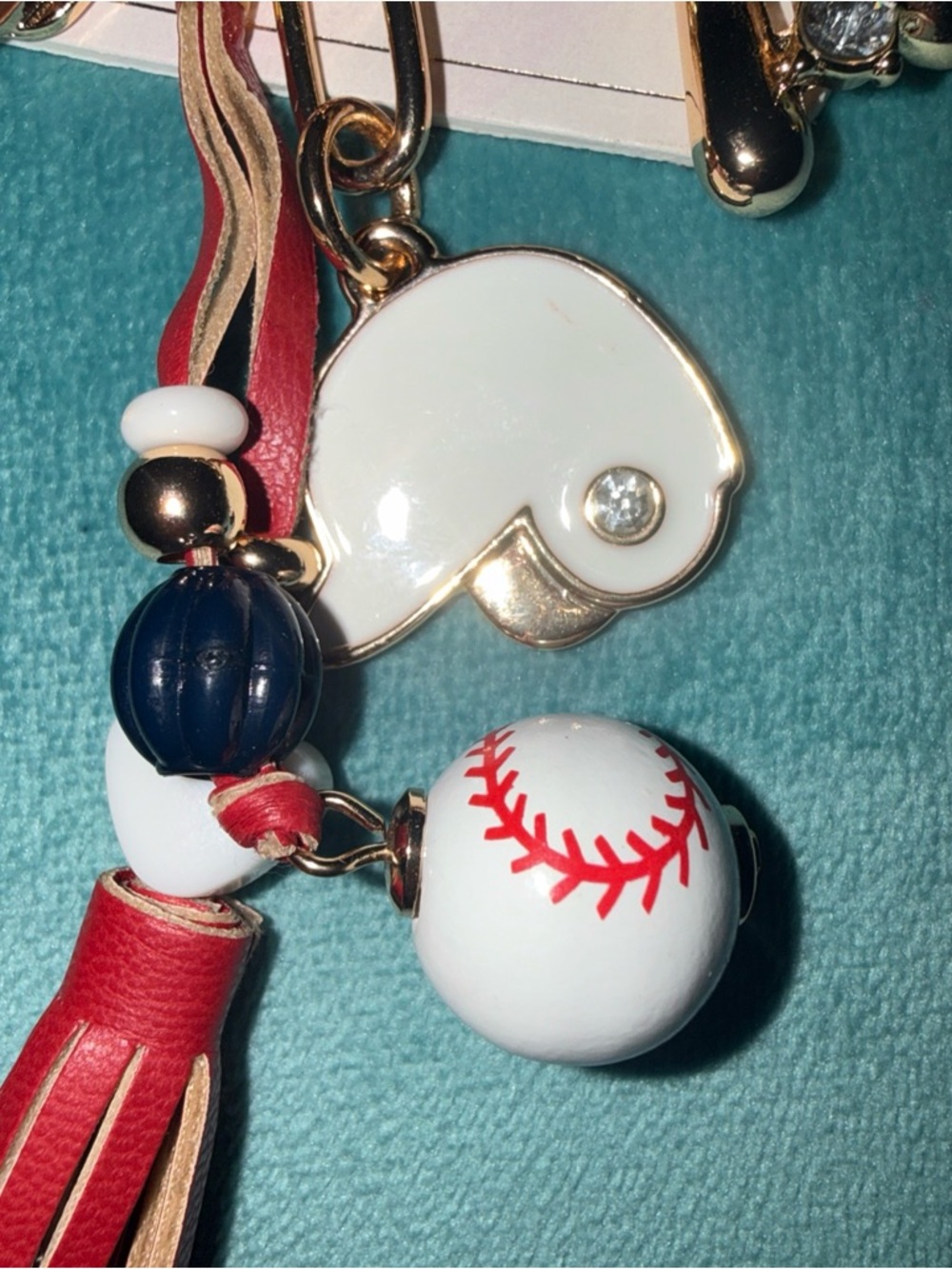 Anthropologie Red White and Navy Baseball Tassel Keychain Charm